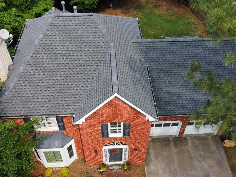 residential property aerial view with new asphalt shingles roof installation woodstock ga