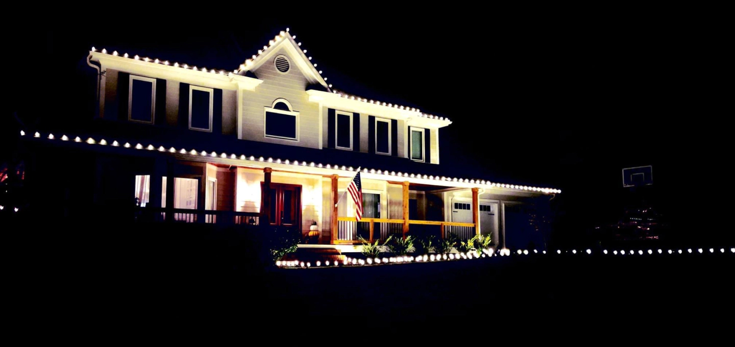 exterior view of a house with holiday lights